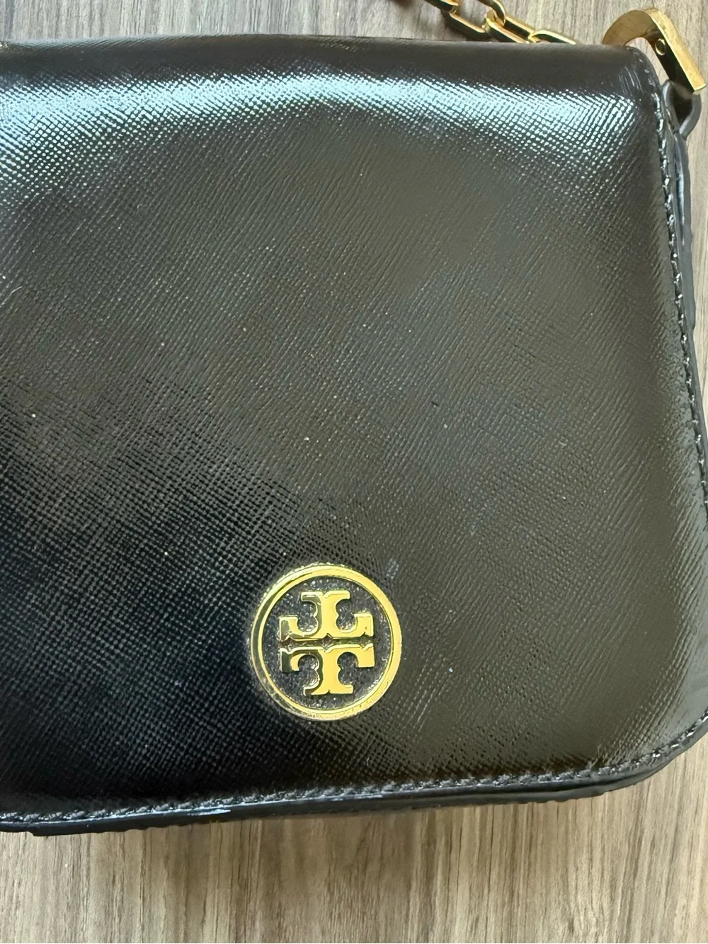 Tory Burch Black Leather Crossbody with Gold Chain Strap
